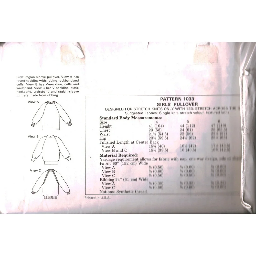 Kwik Sew 1033 Girls Raglan Sleeve Pullover Sewing Pattern Size 4 5 6 Vintage‎